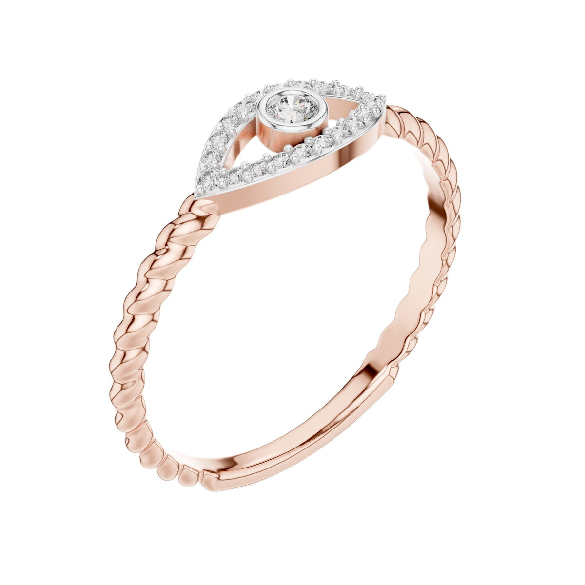 Rose gold evil eye diamond ring, braided rope band with pavé eye detail