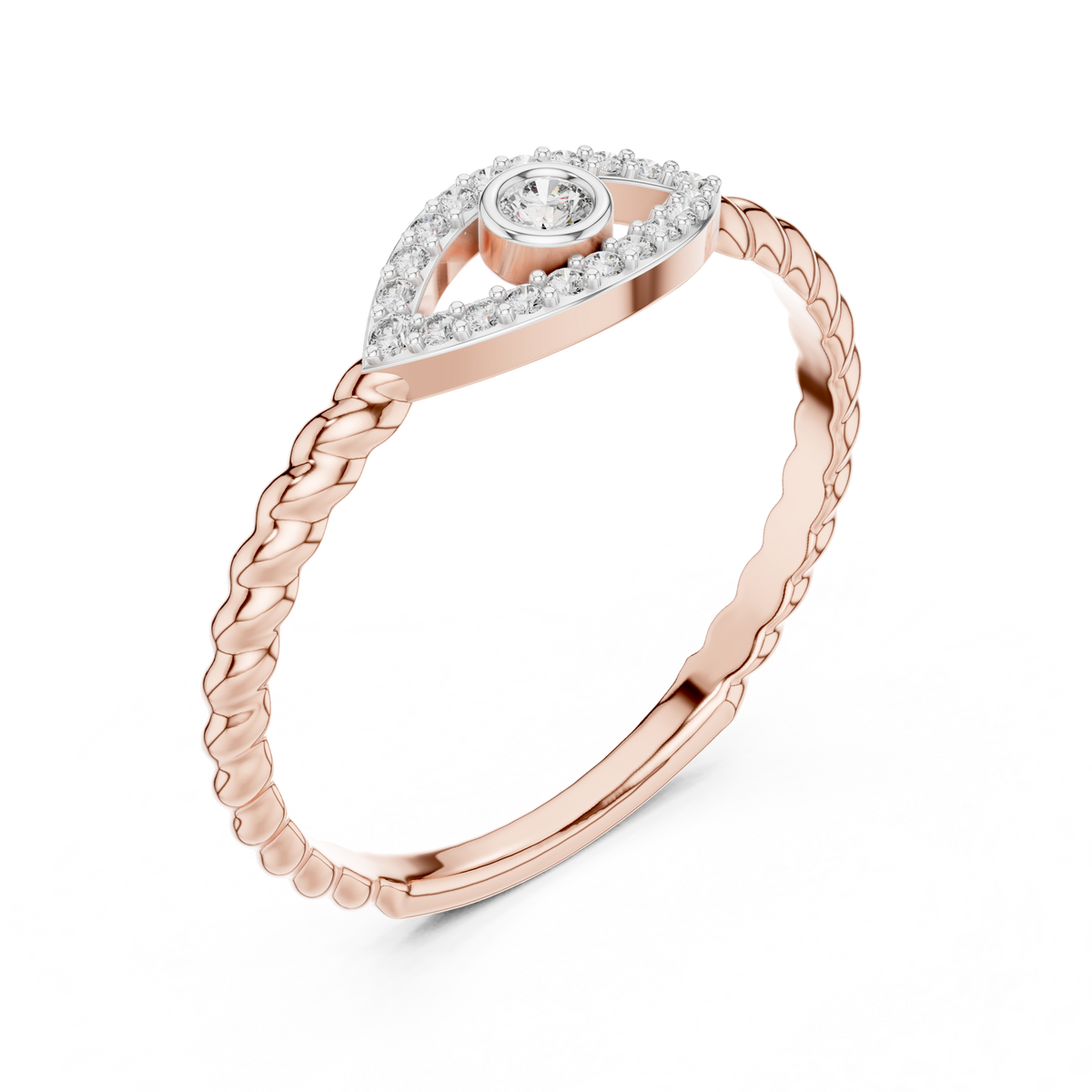 Rose gold evil eye diamond ring, braided rope band with pavé eye detail