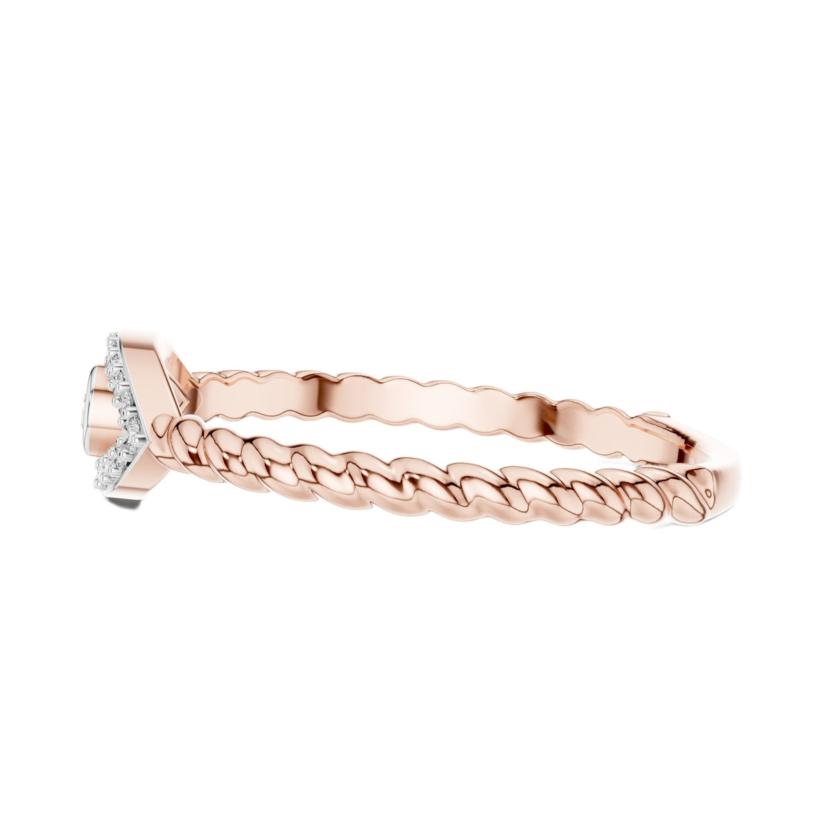 Rose gold evil eye diamond rope band ring, side profile with pavé halo eye