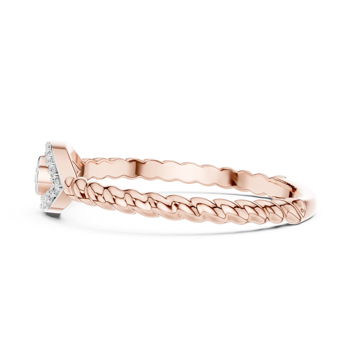 Rose gold evil eye diamond rope band ring, side profile with pavé halo eye