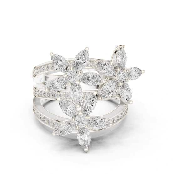 White gold marquise diamond statement ring with pavé band and clustered marquise stones
