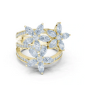 Yellow gold marquise diamond statement ring, front view, pavé band with clustered marquise stones