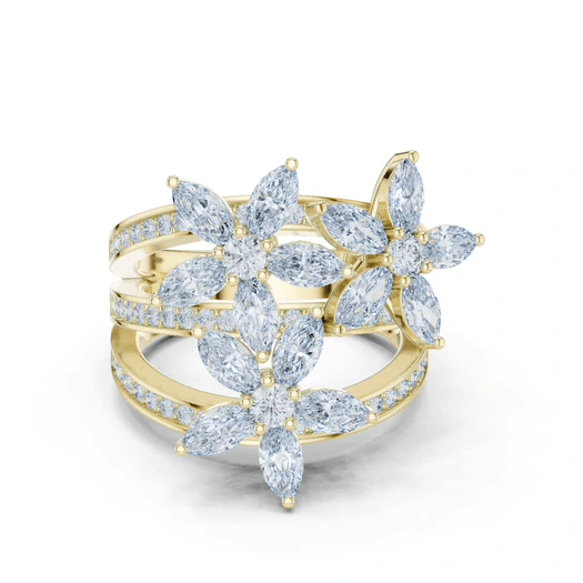 Yellow gold marquise diamond statement ring, front view, pavé band with clustered marquise stones