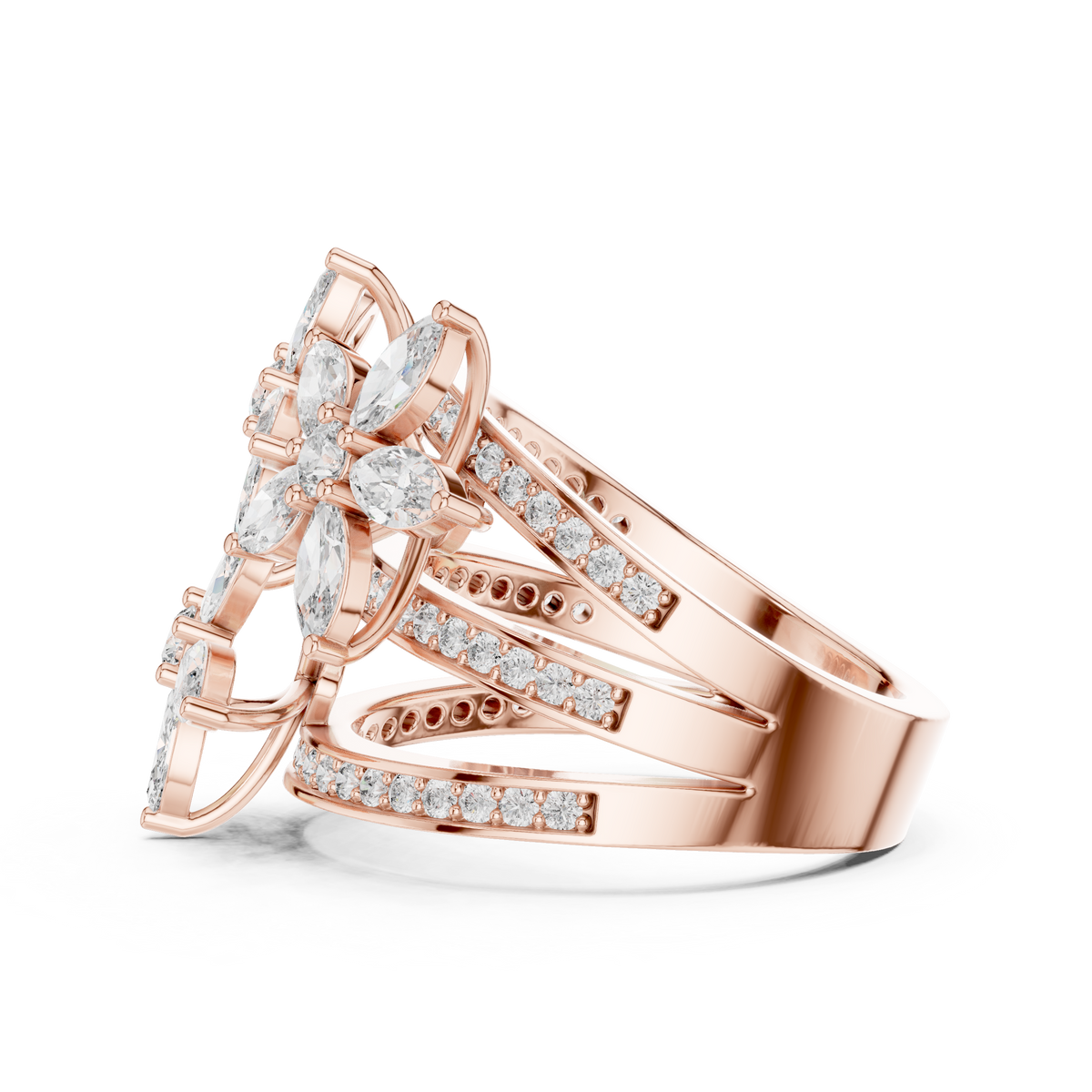 Rose gold marquise floral blossom ring side view with prong-set stones and pavé detailing