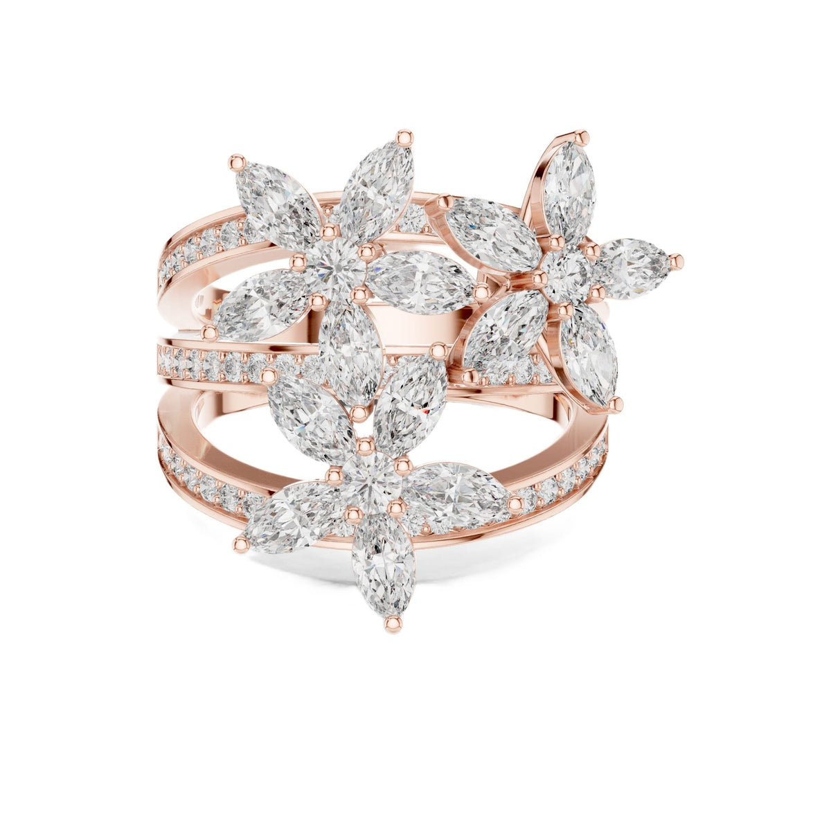Rose gold marquise floral blossom ring with marquise center stone and petal stones