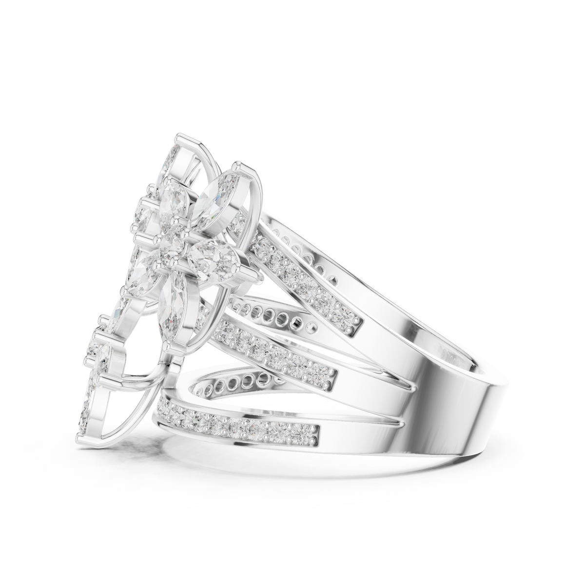 White gold marquise floral blossom ring with three rows of pavé accents