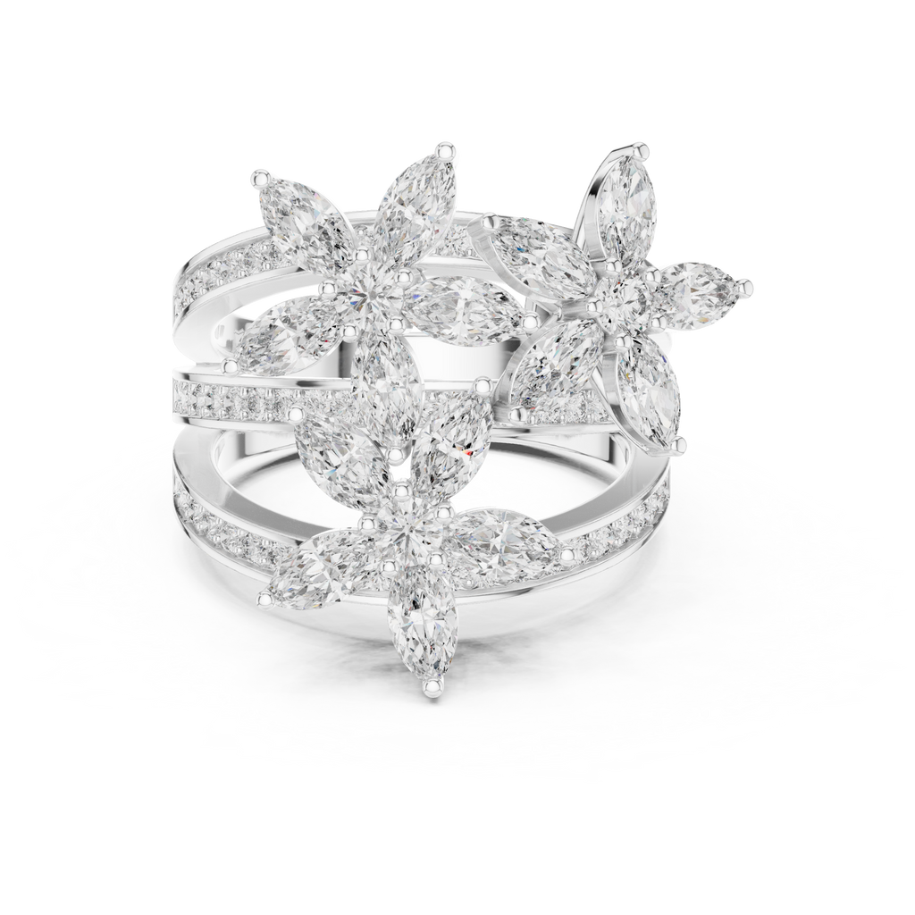 White gold marquise floral blossom ring with clustered marquise stones and pavé band