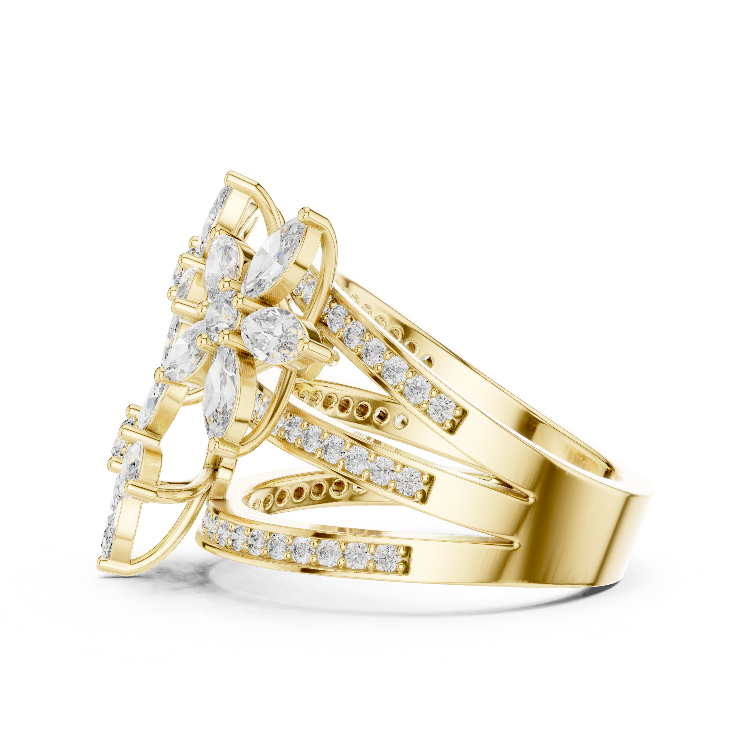 Yellow gold marquise floral blossom ring with three rows of pavé accents