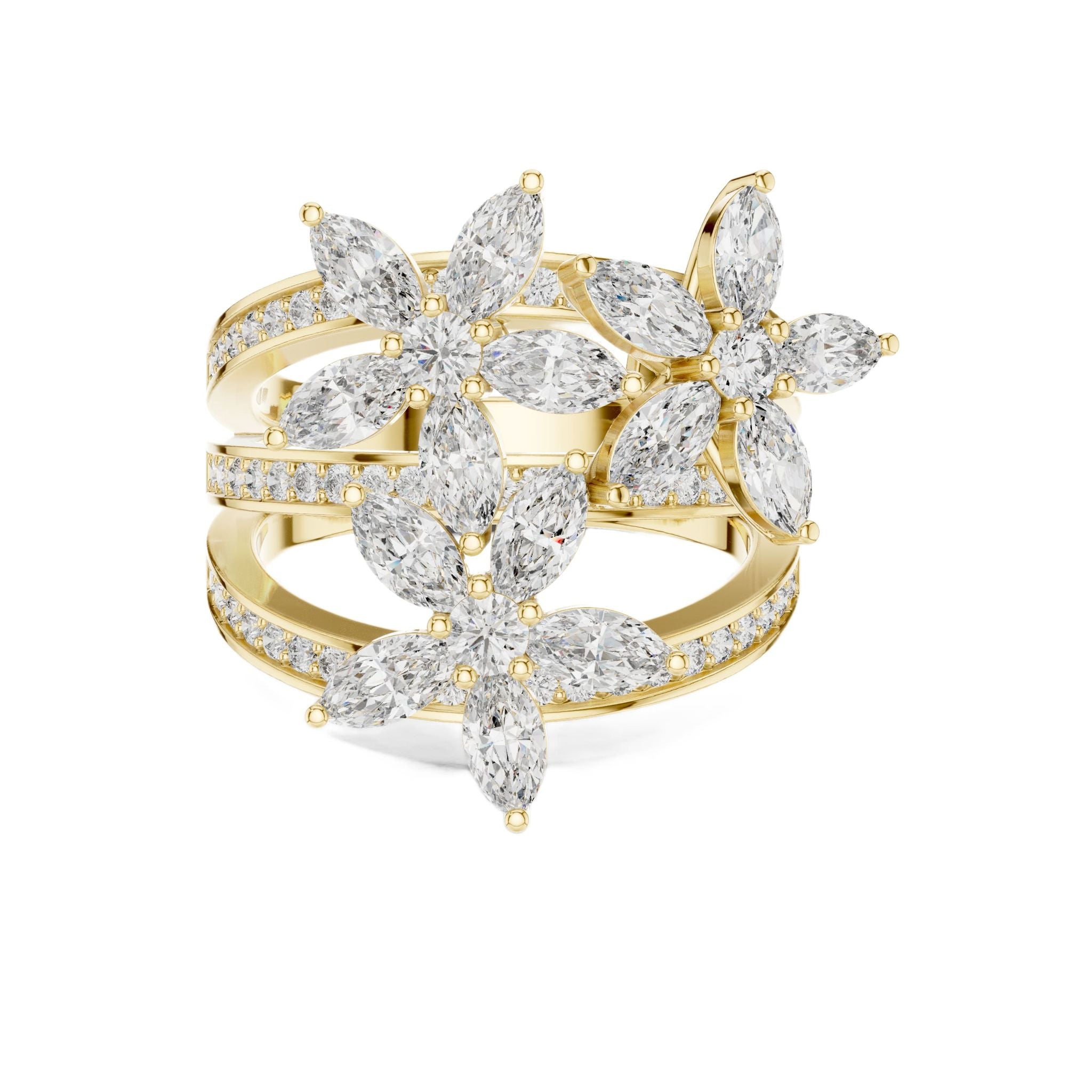 Yellow gold marquise floral blossom ring with clustered marquise stones and pavé band