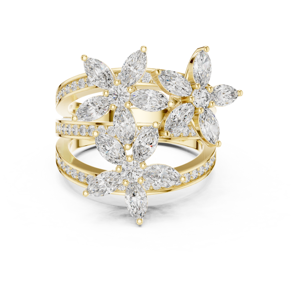 Yellow gold marquise floral blossom ring with clustered marquise stones and pavé band
