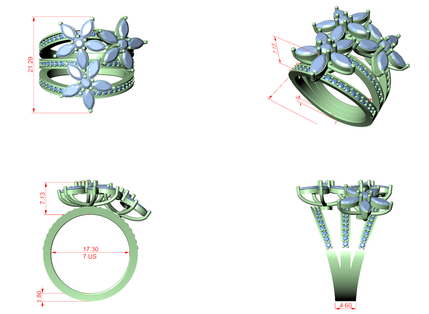 Marquise floral blossom ring CAD render with oval stones and green metal