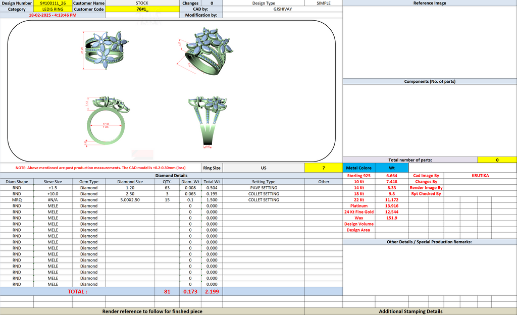 Triple-row marquise floral ring CAD screenshot with multiple views and size chart