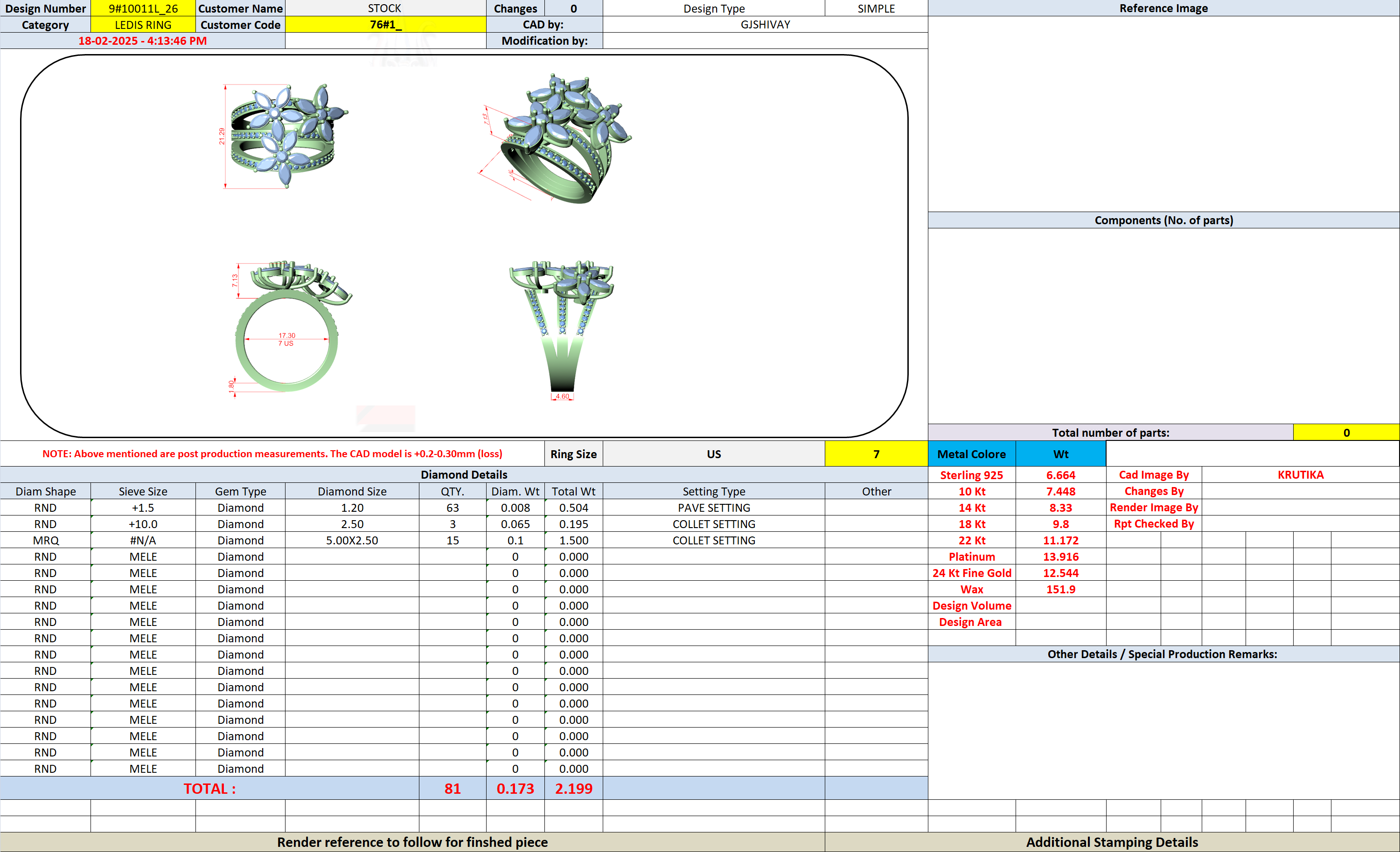 Triple-row marquise floral ring CAD screenshot with multiple views and size chart