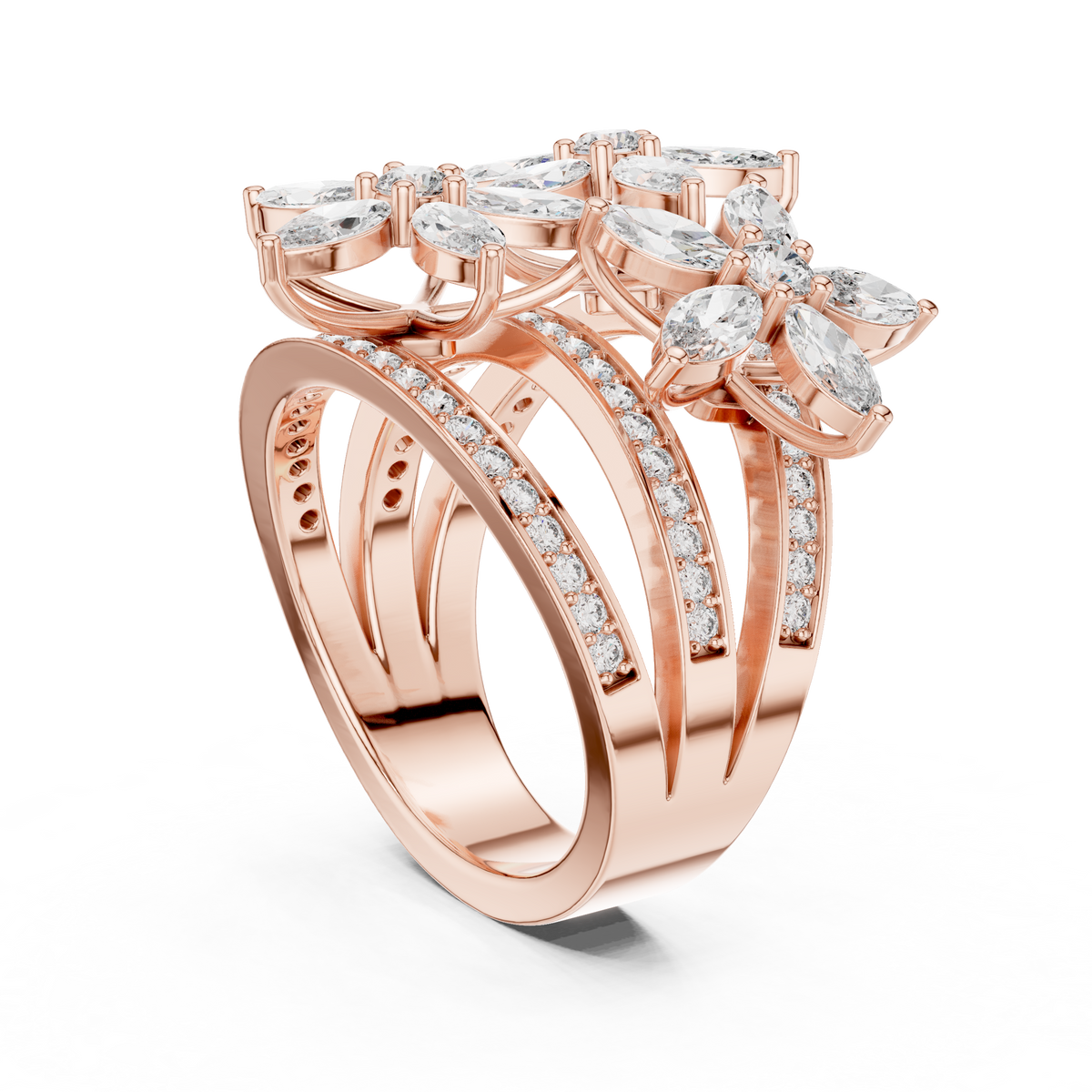 Rose gold marquise floral blossom ring with three rows of pavé accents