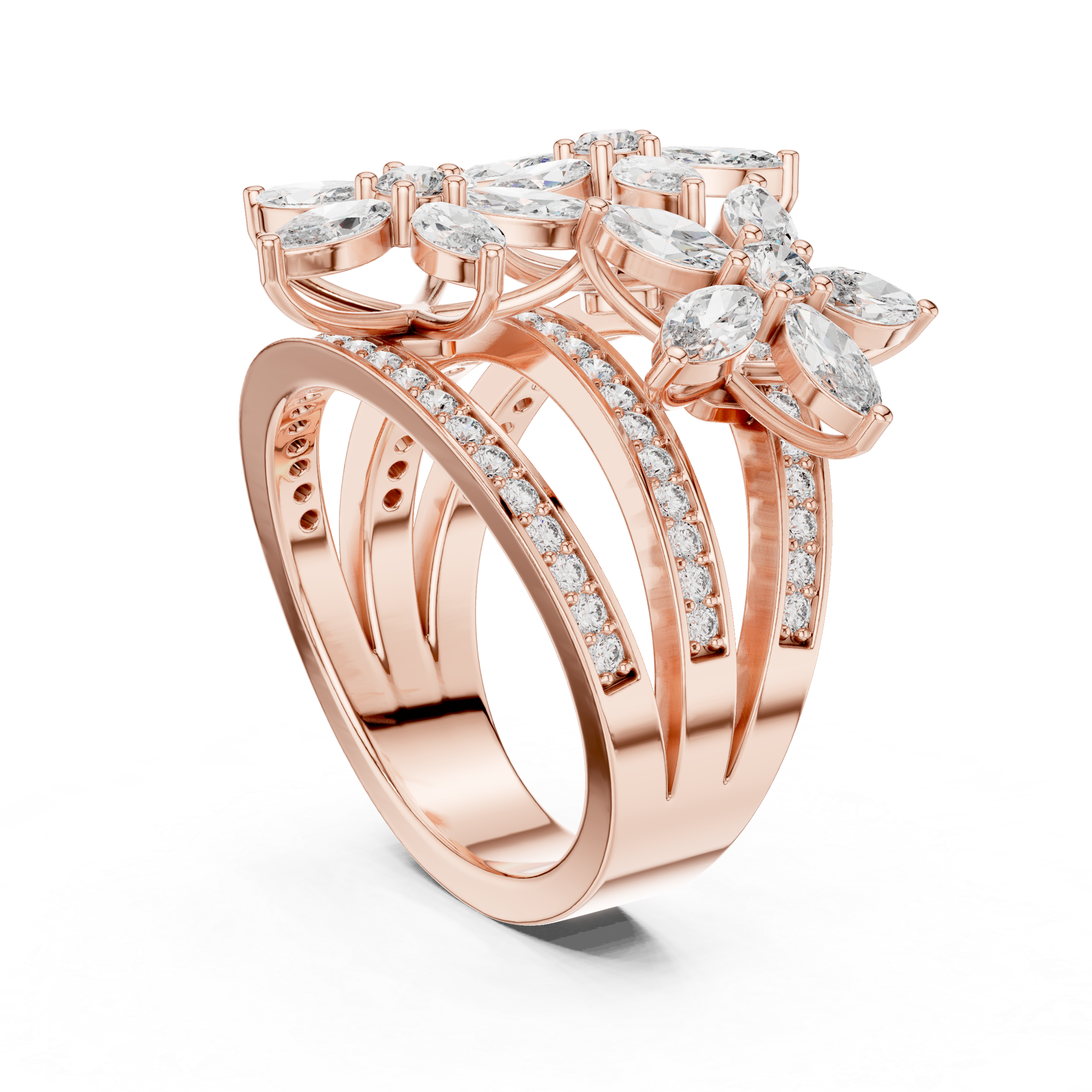 Rose gold marquise floral blossom ring with three rows of pavé accents