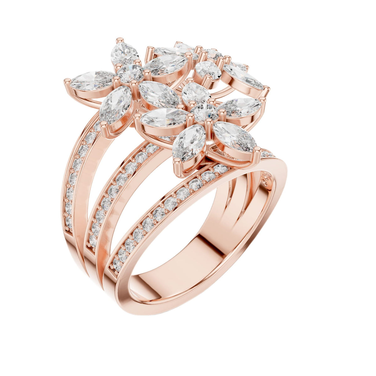 Rose gold marquise floral blossom ring with clustered marquise stones and pavé bands