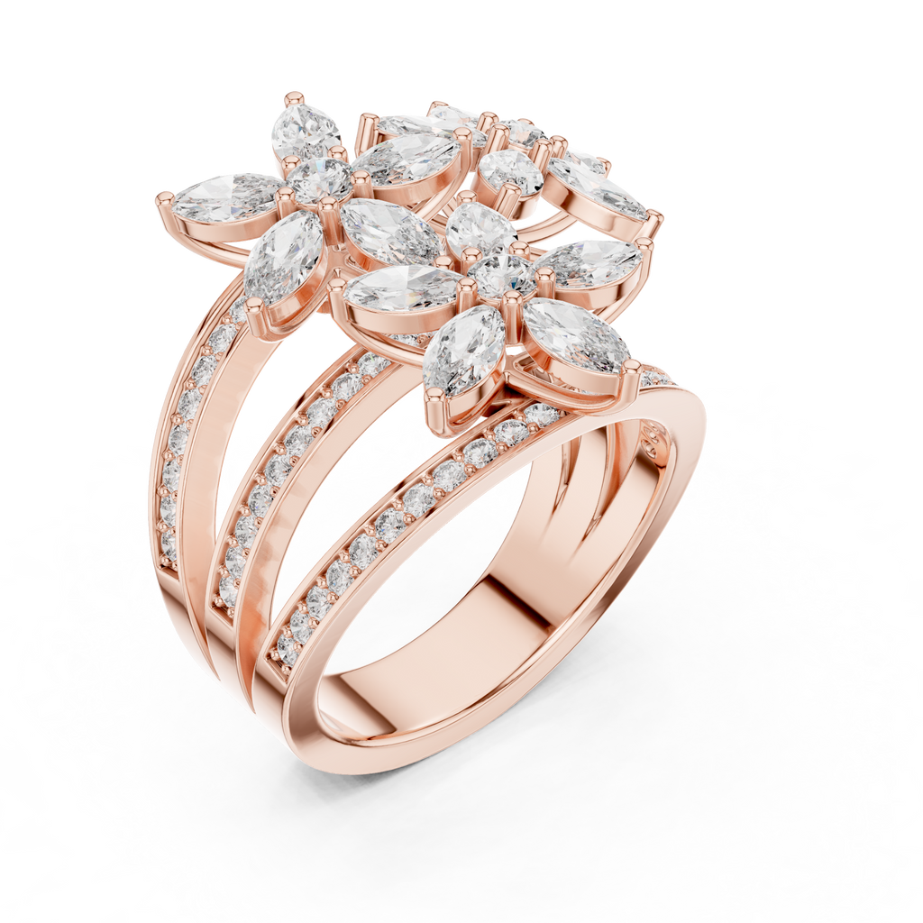 Rose gold marquise floral blossom ring with clustered marquise stones and pavé bands
