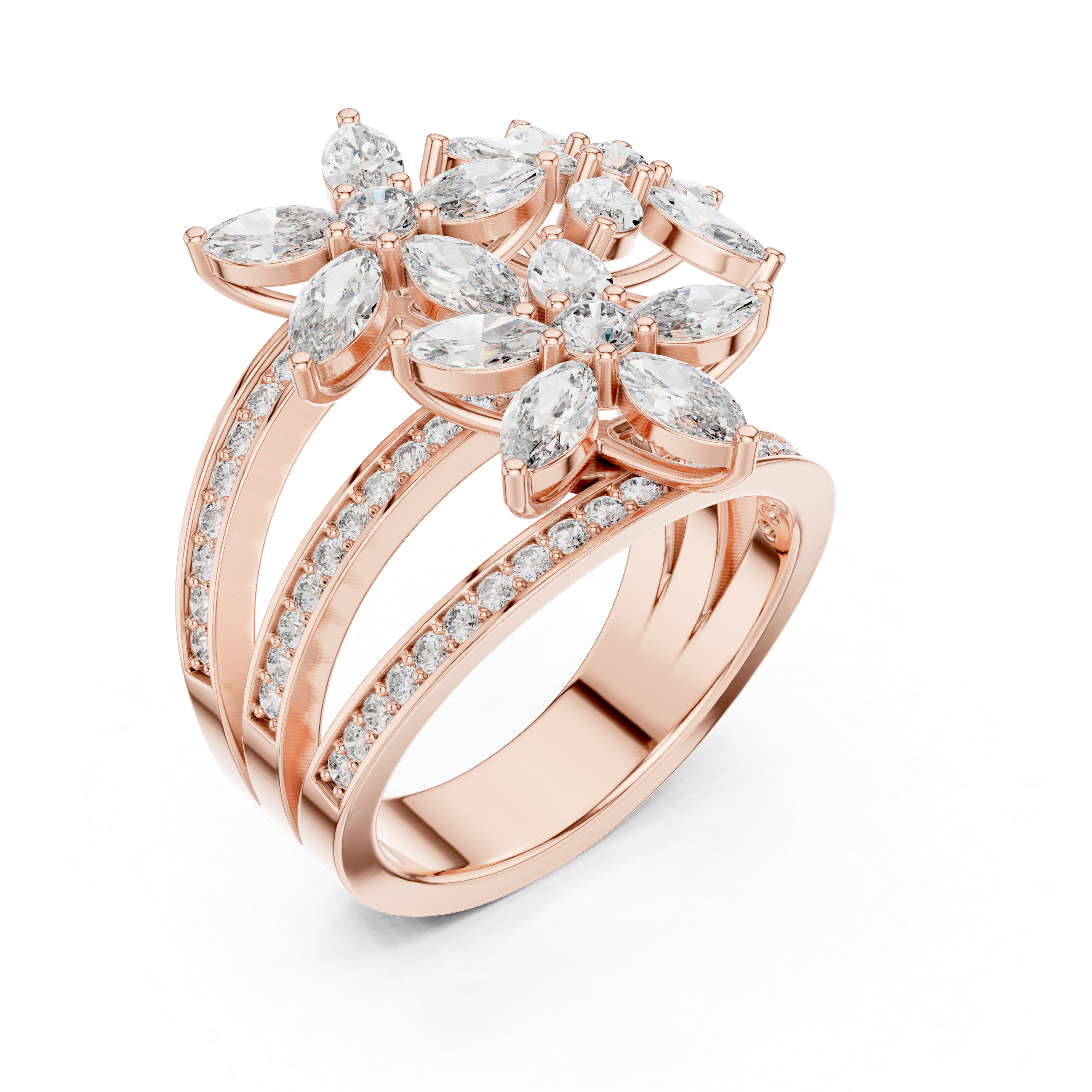 Rose gold marquise floral blossom ring with clustered marquise stones and pavé bands