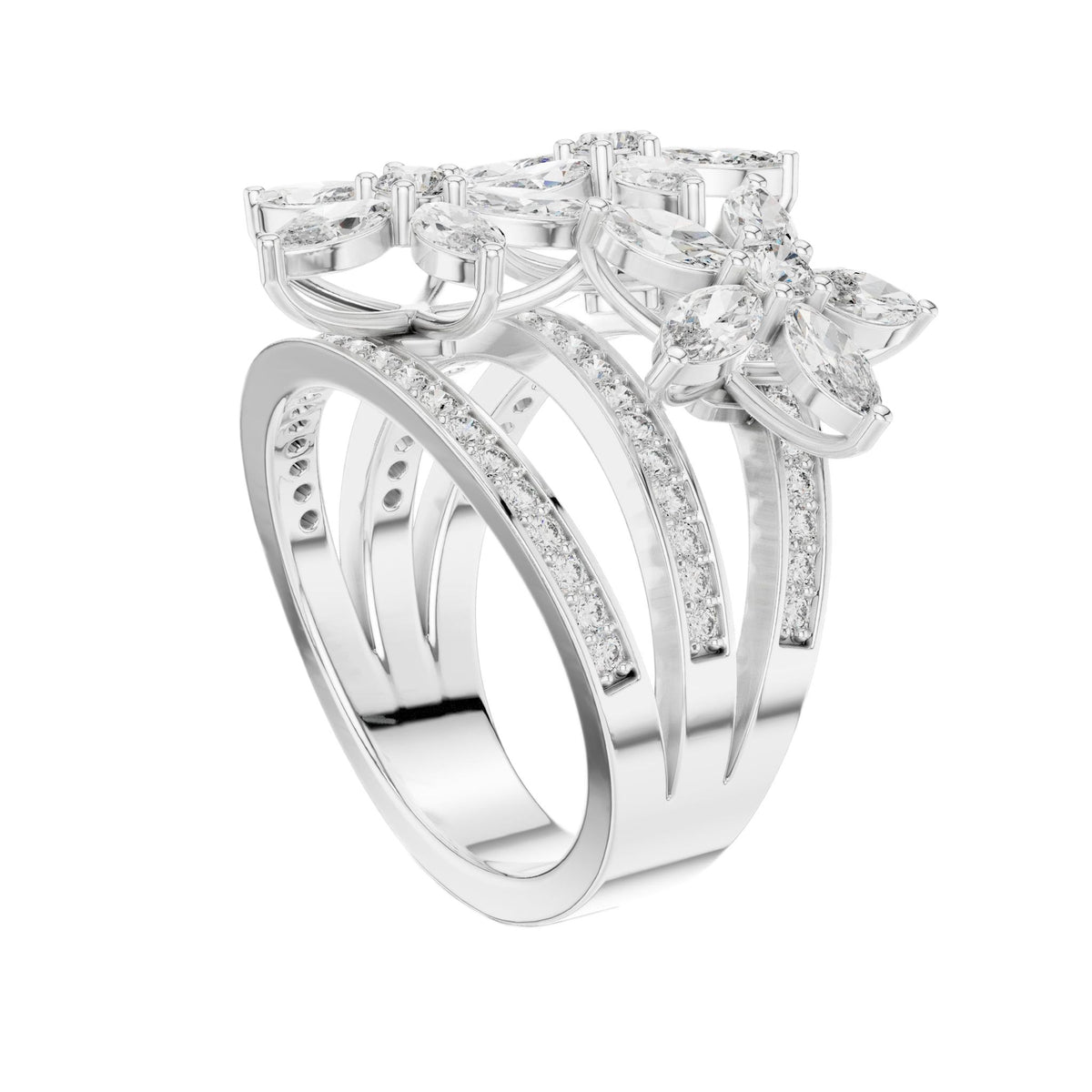 Platinum marquise diamond statement ring with pavé band and clustered marquise stones