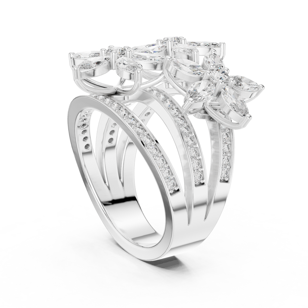 Platinum marquise diamond statement ring with pavé band and clustered marquise stones
