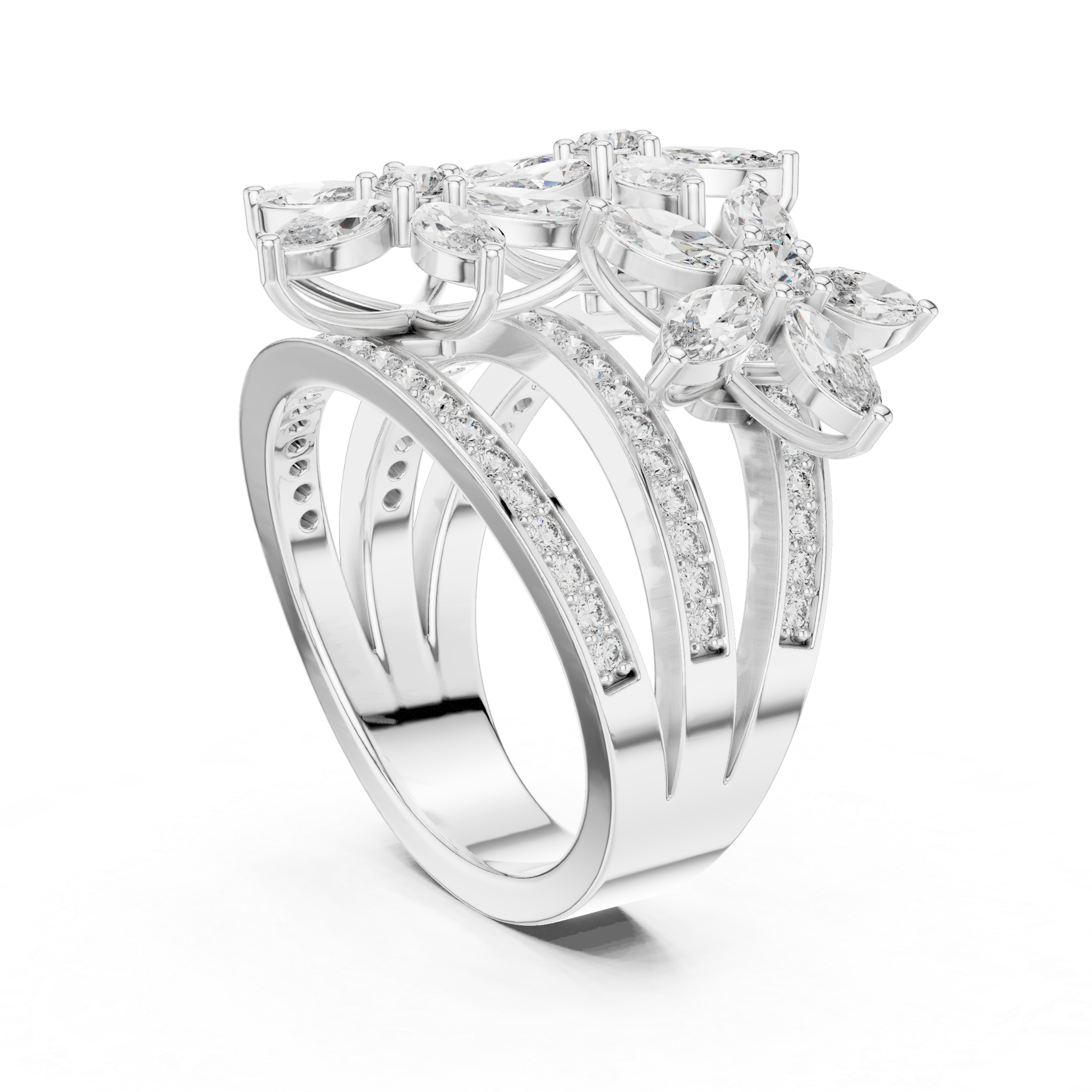 Platinum marquise floral blossom ring with clustered marquise stones and pavé rows