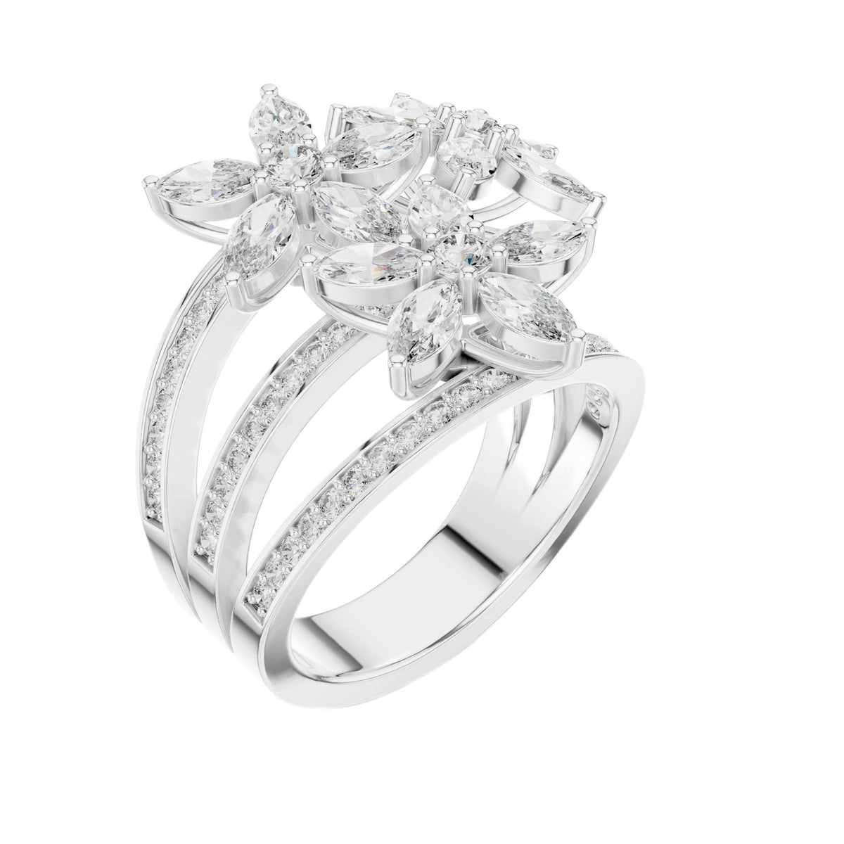 Platinum marquise diamond statement ring, side view, clustered marquise stones and pavé band