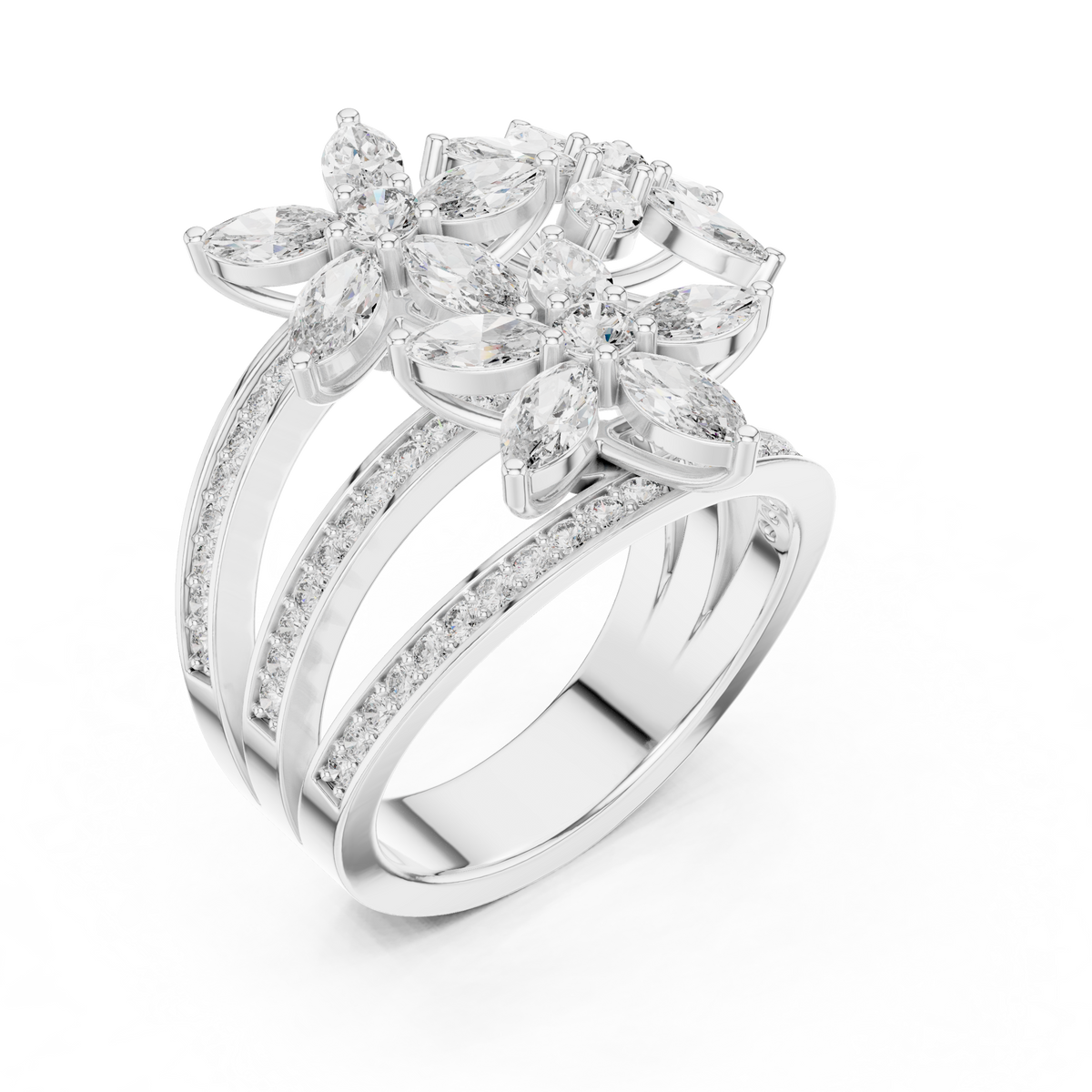 Platinum marquise diamond statement ring, side view, clustered marquise stones and pavé band
