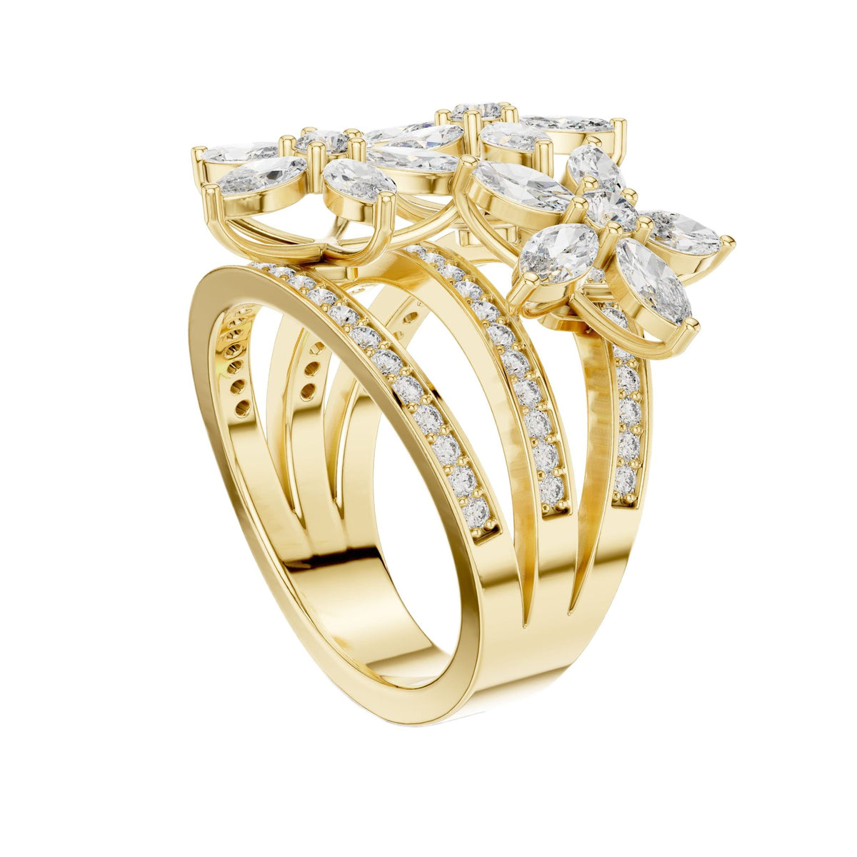 Yellow gold marquise diamond statement ring with pavé band and clustered marquise stones