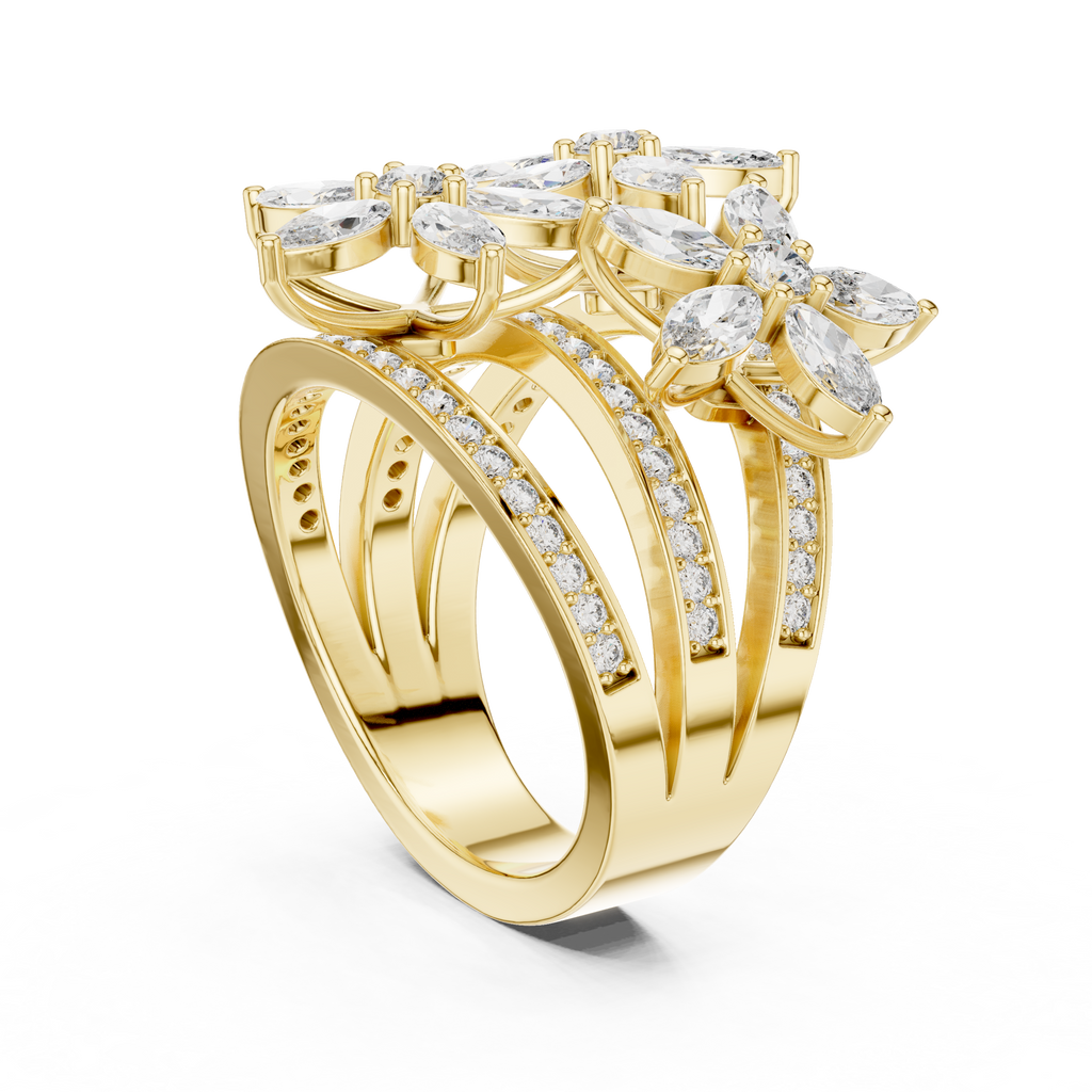 Yellow gold marquise diamond statement ring with pavé band and clustered marquise stones