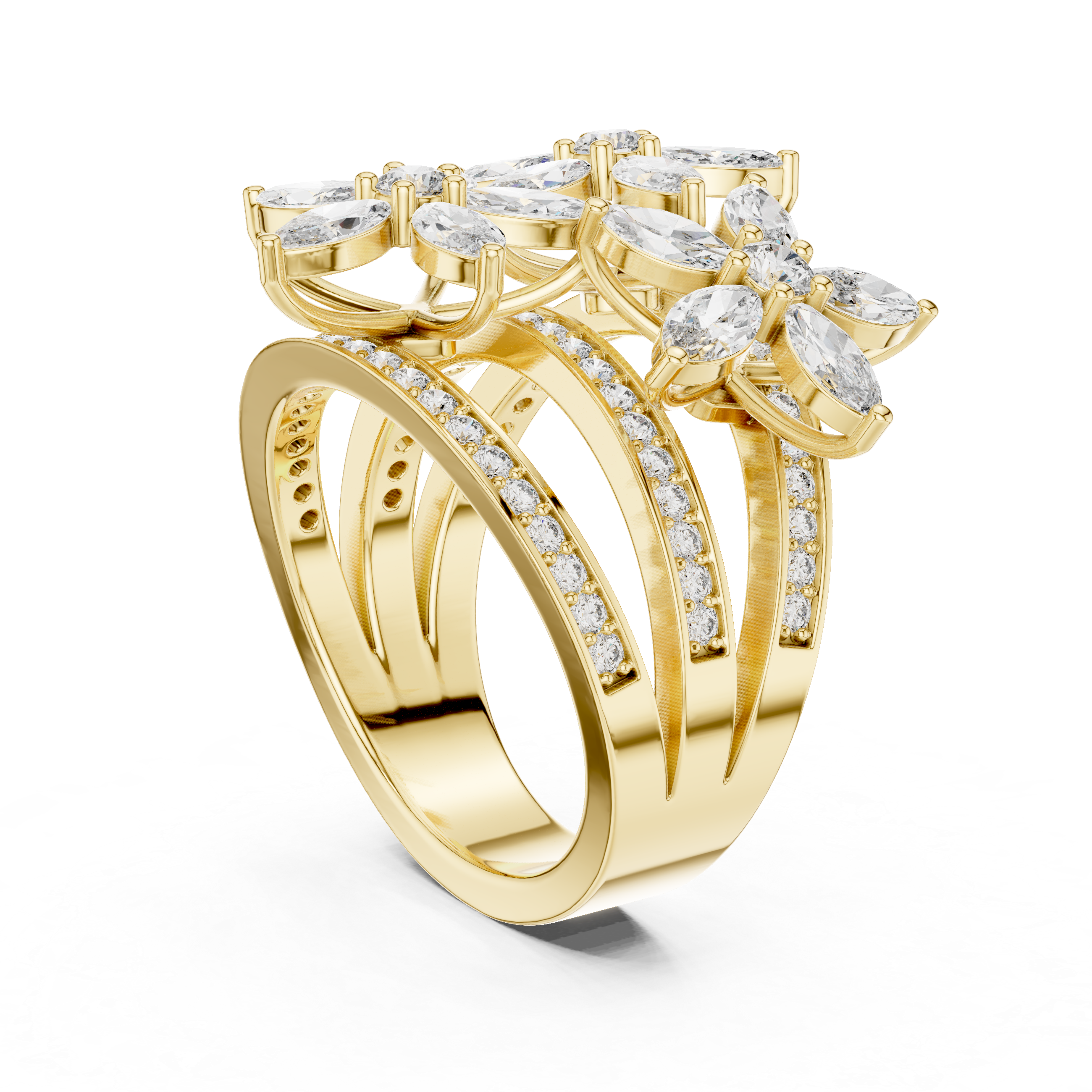 Triple-row marquise floral ring in yellow gold with oval-cut stones
