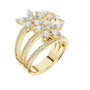 Yellow gold marquise diamond statement ring, angled view, clustered marquise stones and pavé band