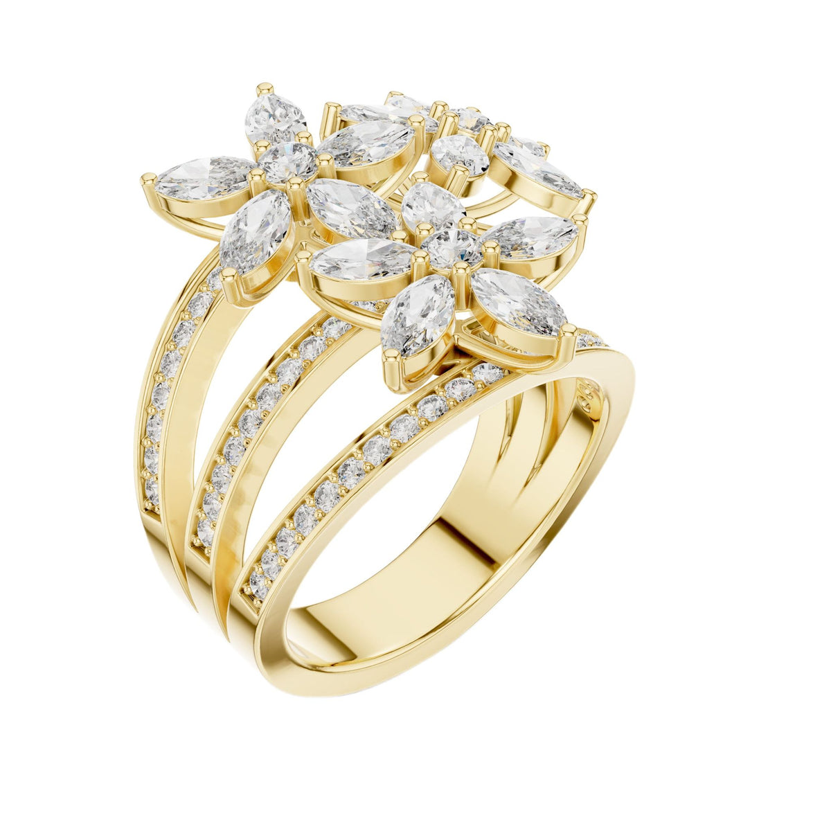 Yellow gold marquise diamond statement ring, angled view, clustered marquise stones and pavé band
