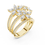Yellow gold marquise diamond statement ring, angled view, clustered marquise stones and pavé band
