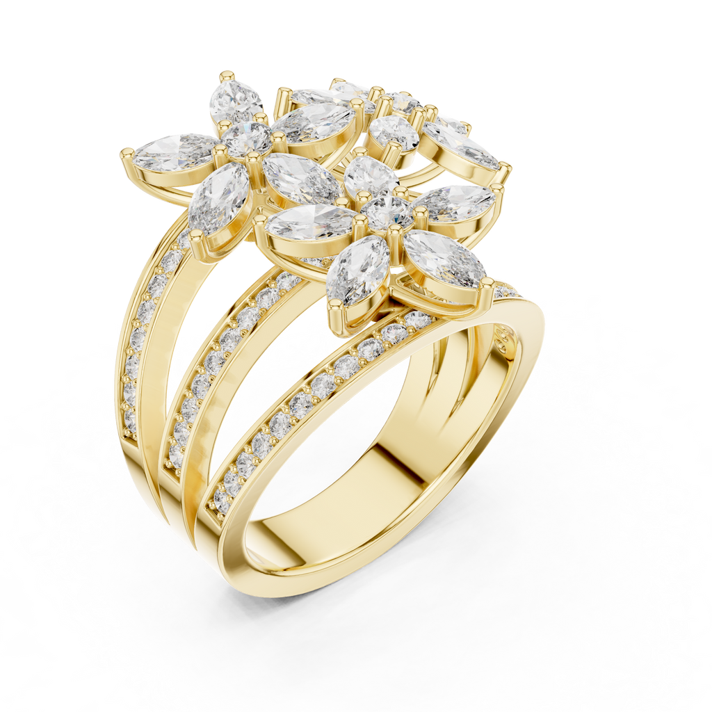 Yellow gold marquise diamond statement ring, angled view, clustered marquise stones and pavé band