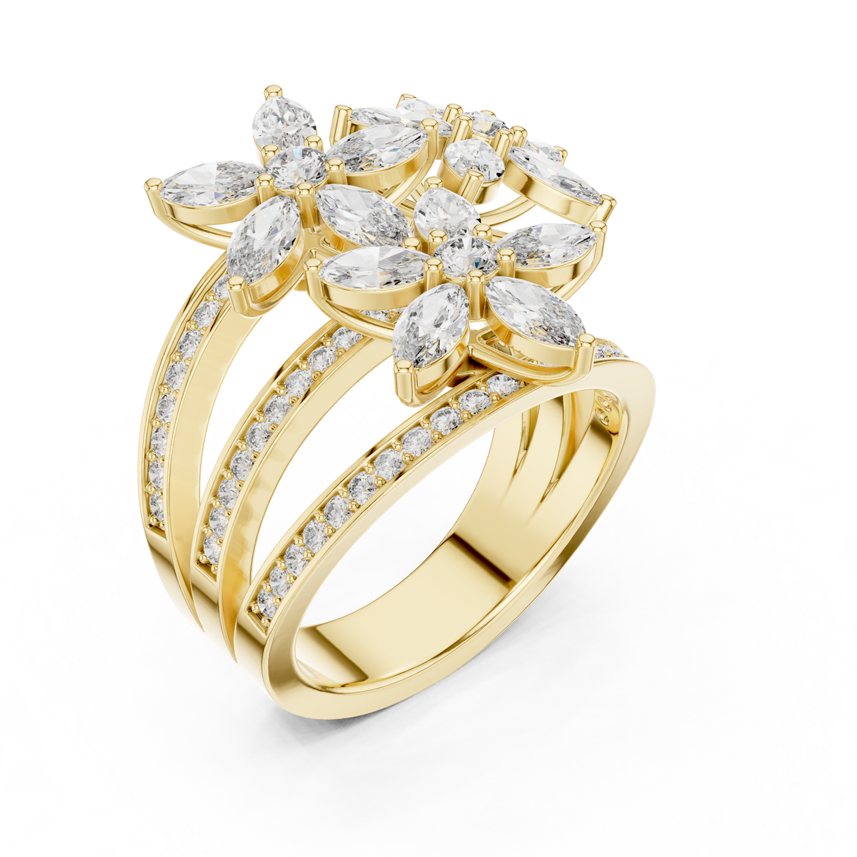 Yellow gold marquise diamond statement ring, angled view, clustered marquise stones and pavé band