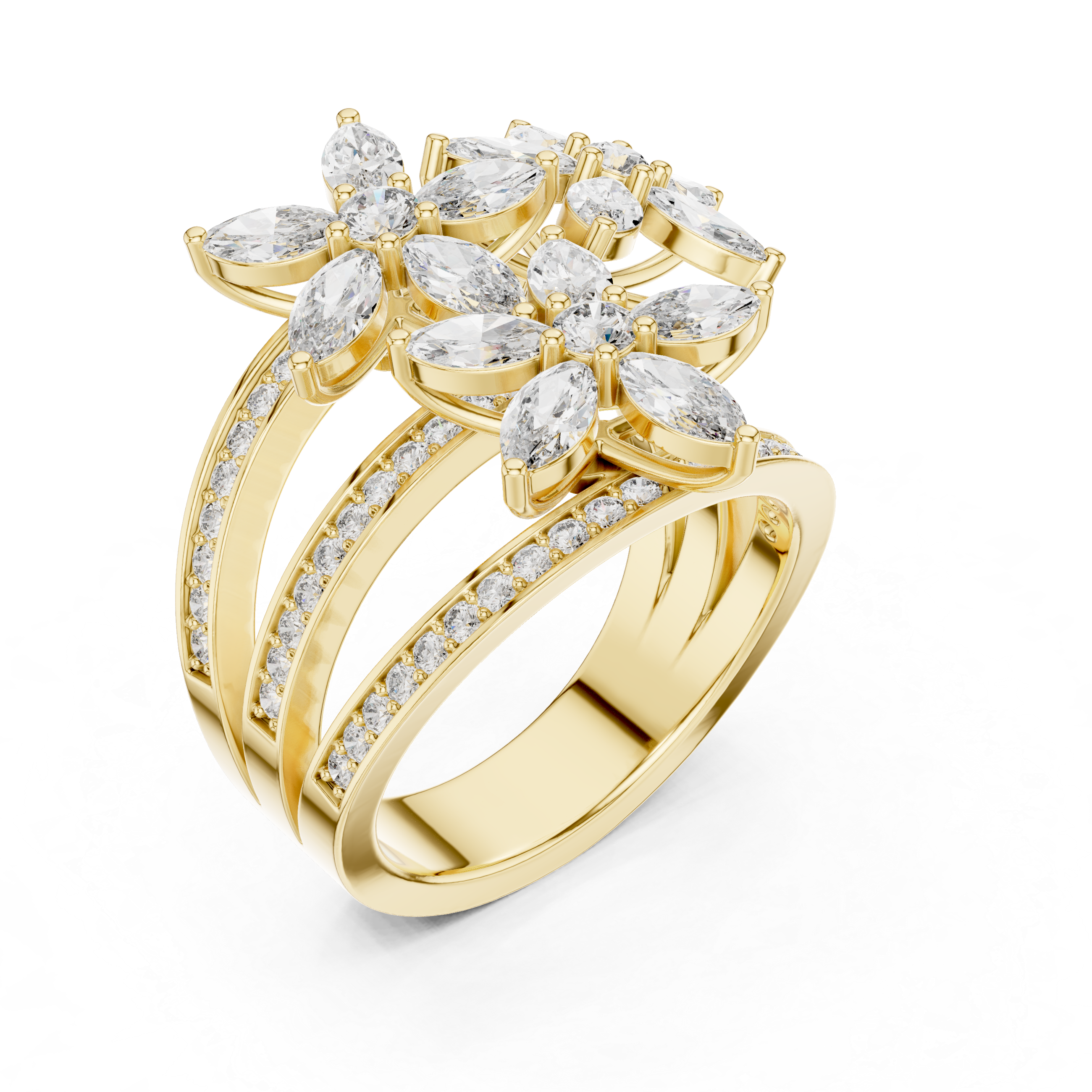 Triple-row marquise floral blossom ring with yellow gold band and marquise stones
