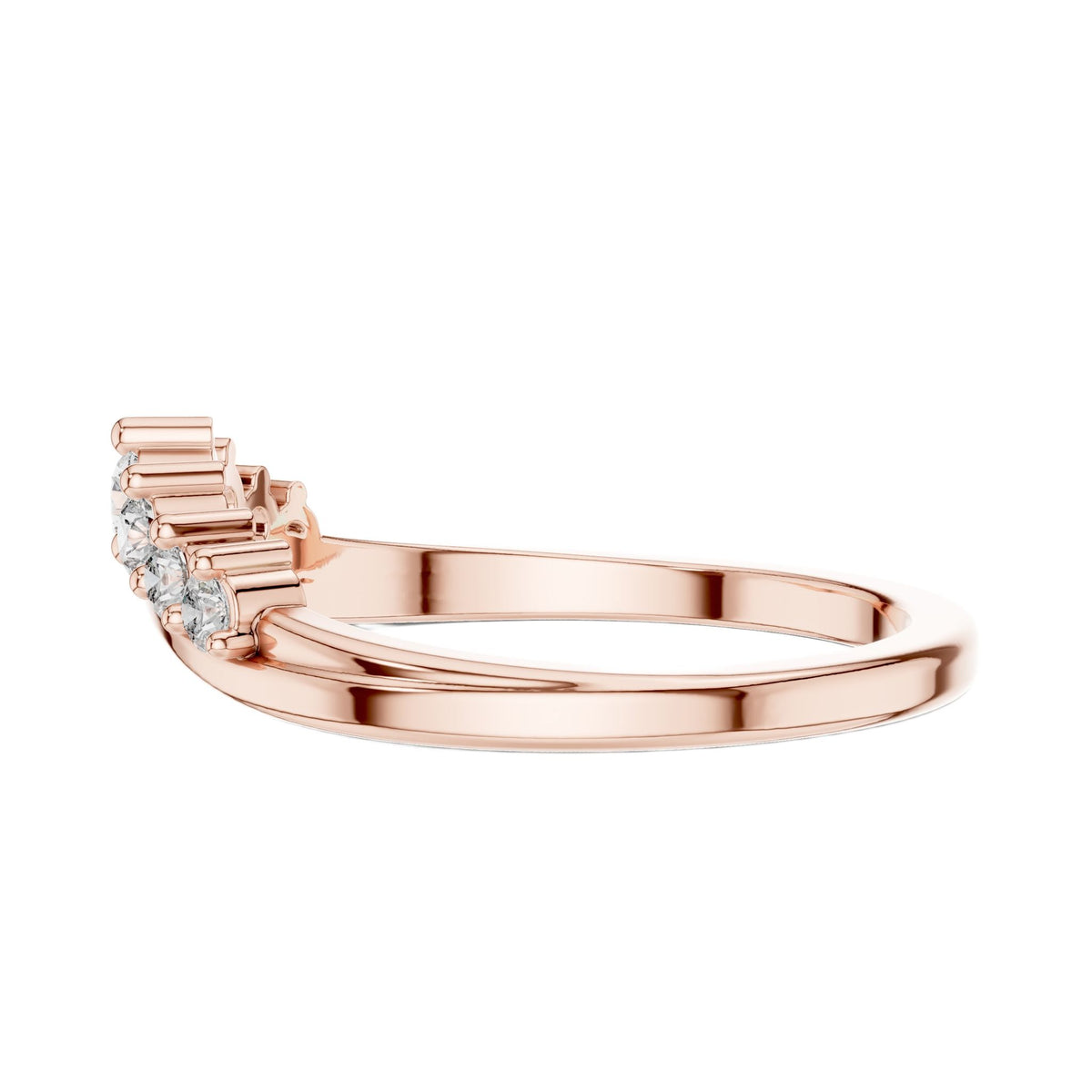 Rose gold curved diamond wedding band with round stones and stepped prong settings