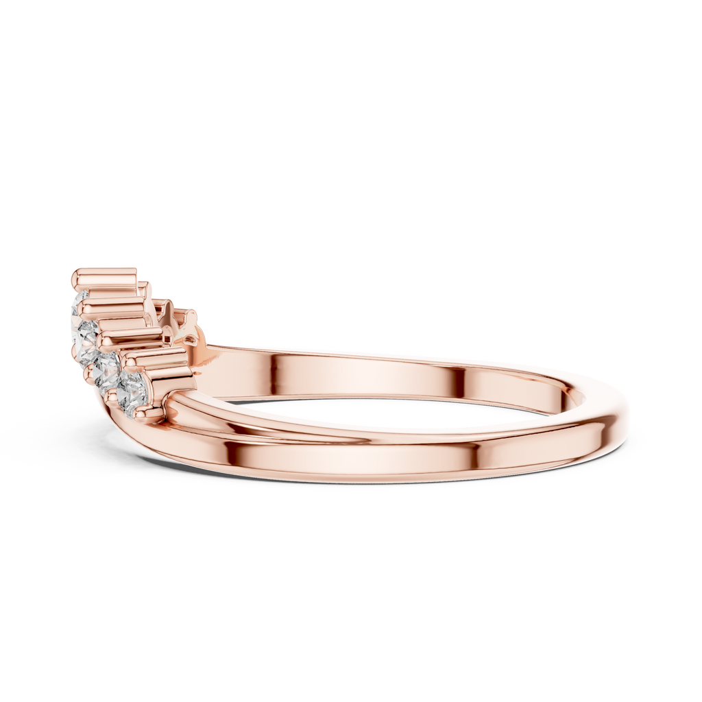 Rose gold curved diamond wedding band with round stones and stepped prong settings