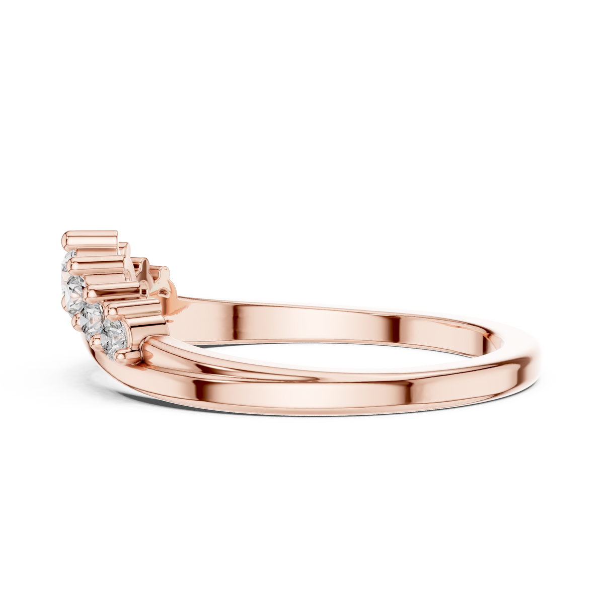 Rose gold curved diamond wedding band with round stones and stepped prong settings