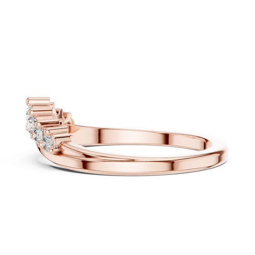 Rose gold curved diamond wedding band with round stones and stepped prong settings