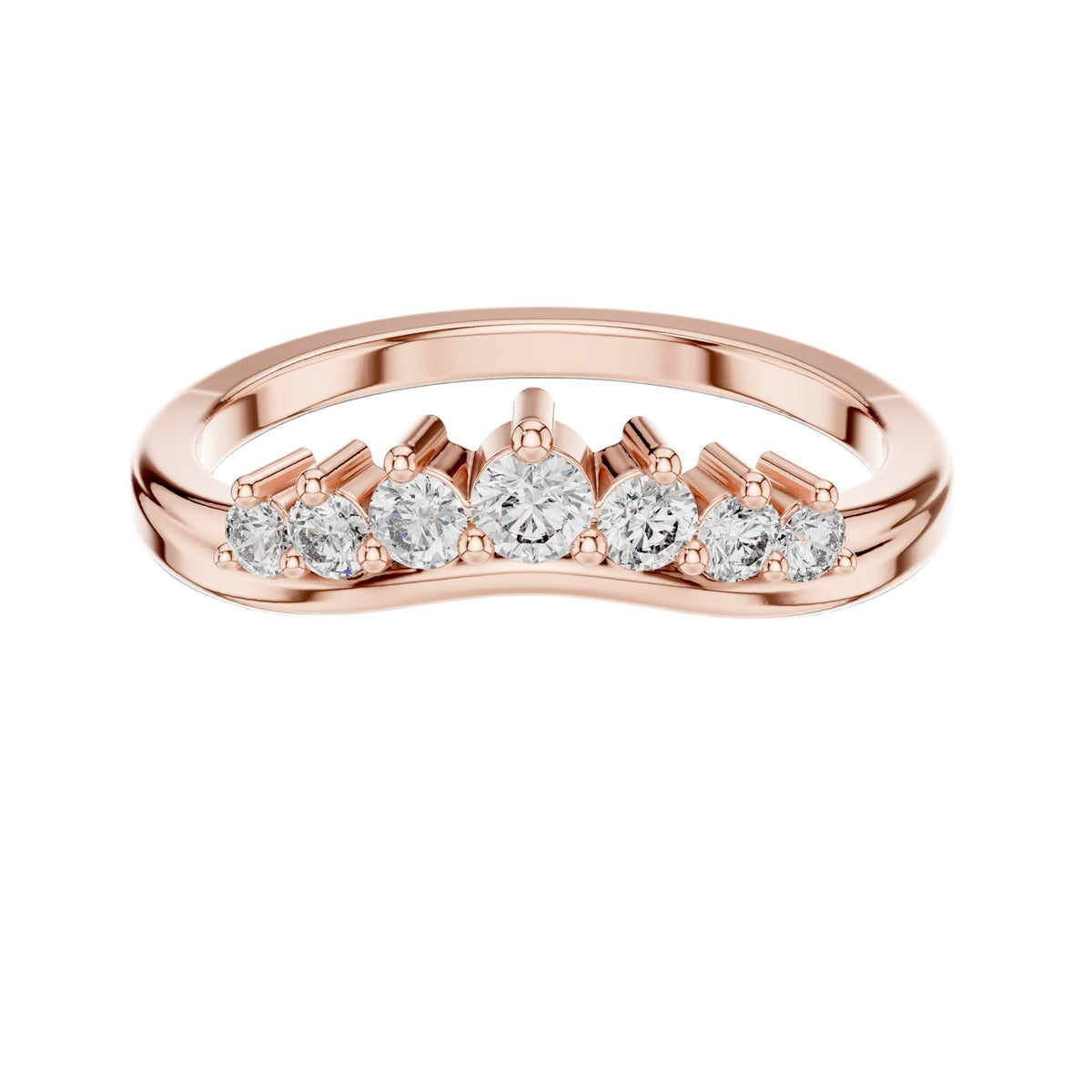 Rose gold round diamond curved wedding band, top view with five sparkling stones