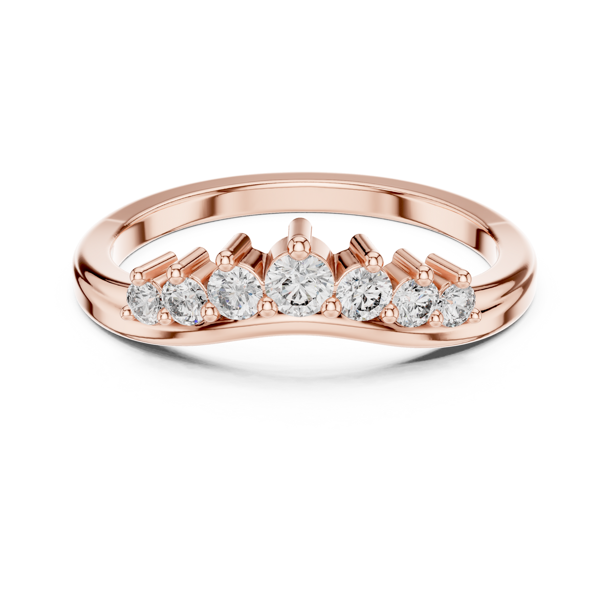 Rose gold round diamond curved wedding band, top view with five sparkling stones
