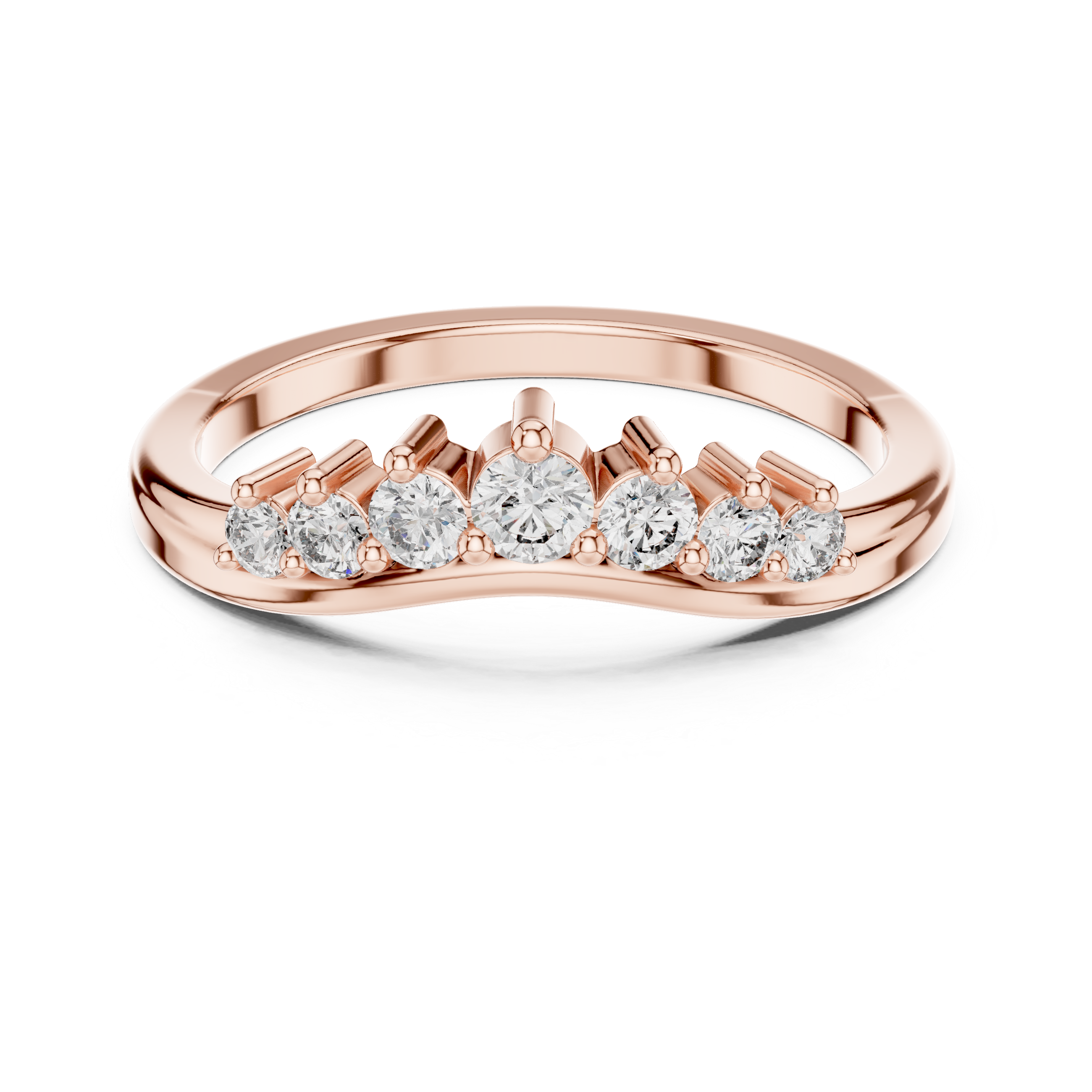Rose gold round diamond curved wedding band, top view with five sparkling stones