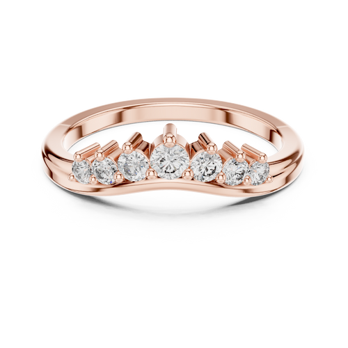 Rose gold round diamond curved wedding band, top view with five sparkling stones