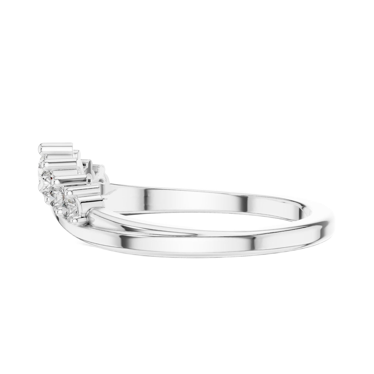 White gold curved diamond wedding band with round stones and stepped prong settings
