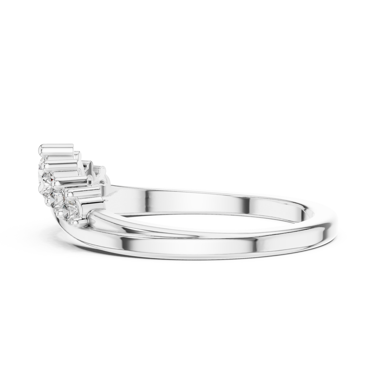 White gold curved diamond wedding band with round stones and stepped prong settings