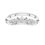 White gold round diamond curved wedding band, top view with five prong-set stones