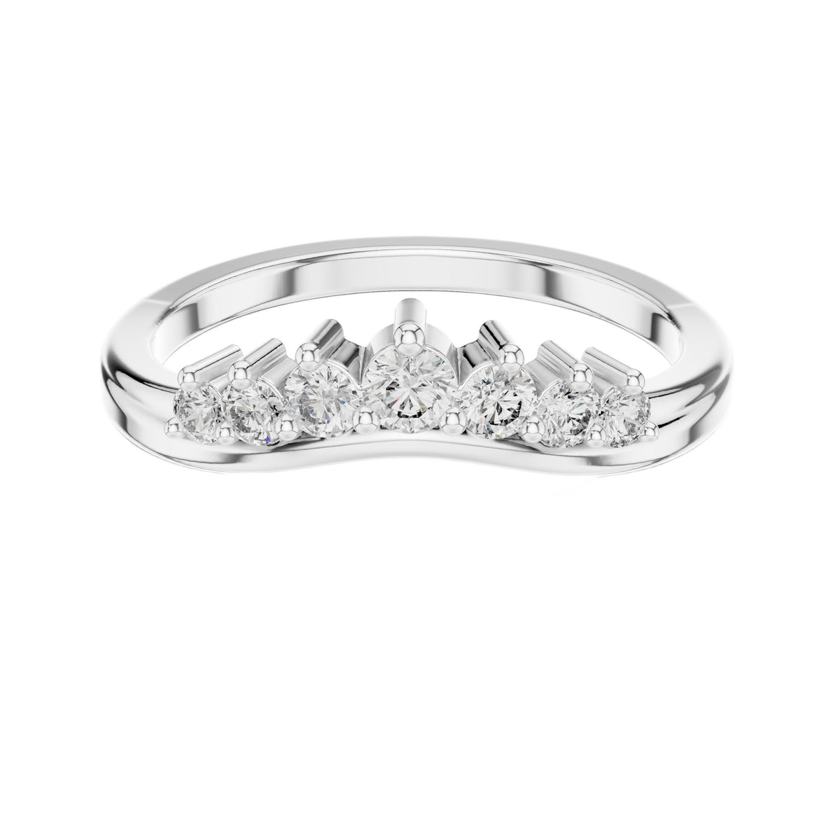 White gold round diamond curved wedding band, top view with five prong-set stones