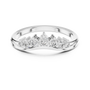 White gold round diamond curved wedding band, top view with five prong-set stones
