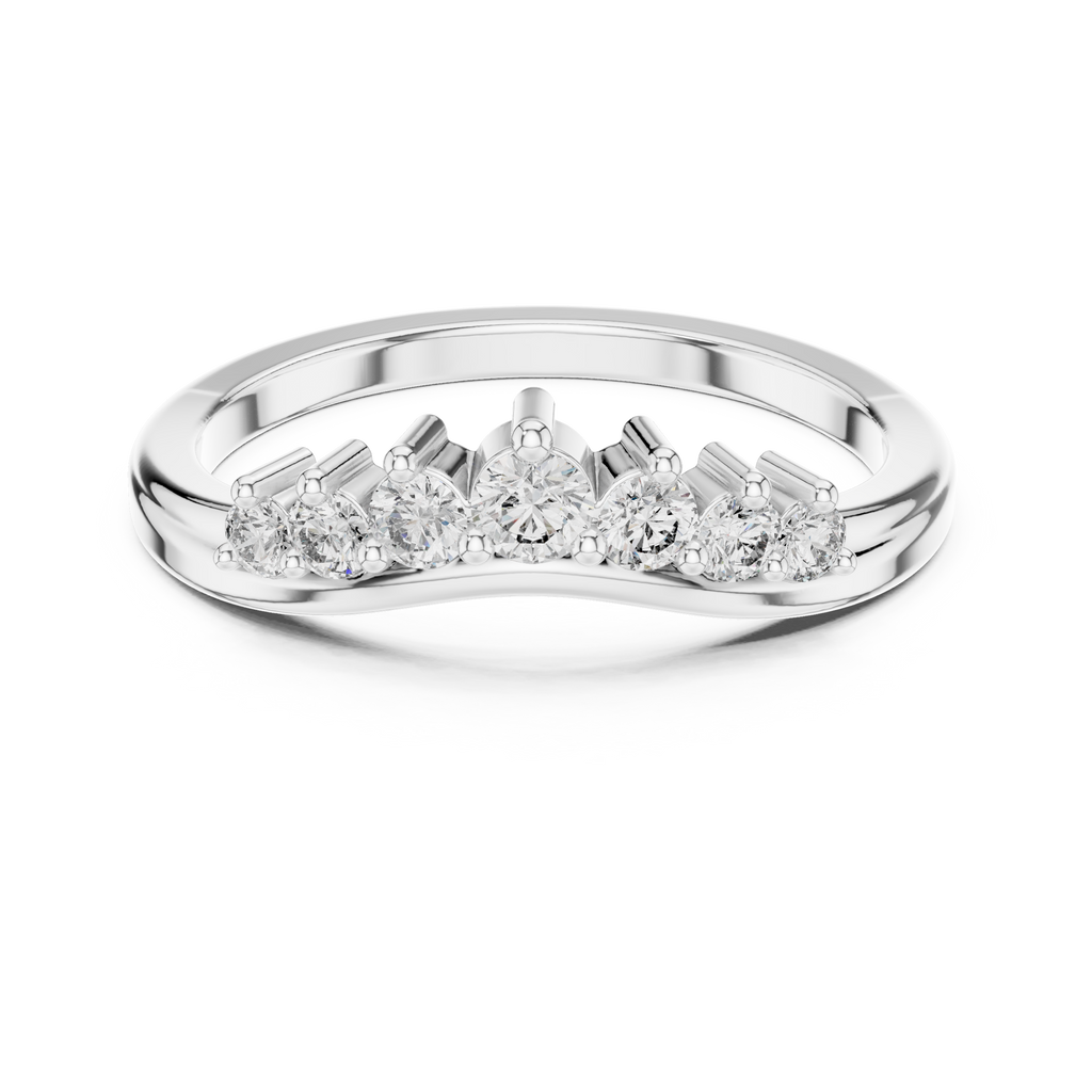 White gold round diamond curved wedding band, top view with five prong-set stones